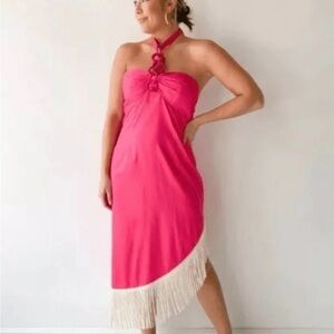Alden Adair Size LARGE Shoshana Begonia Midi Rope Pink Fringe Dress SEE DESC